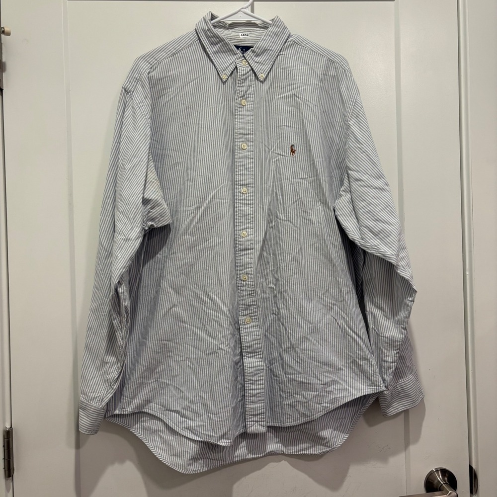 Ralph Lauren Yarmouth Mens 17 35 Blue White Striped Cotton Oxford Shirt